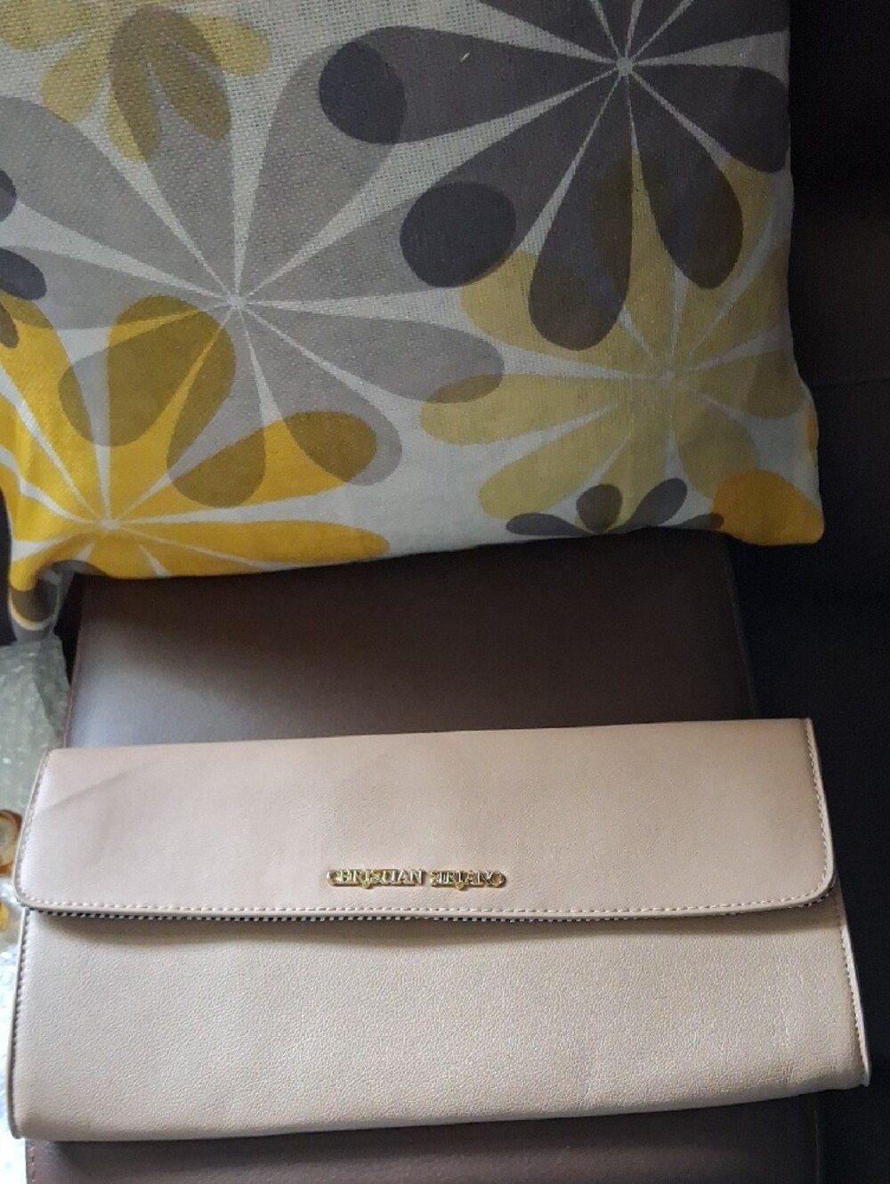 Christian Siriano Nude Beige Leather Clutch with Gold Logo